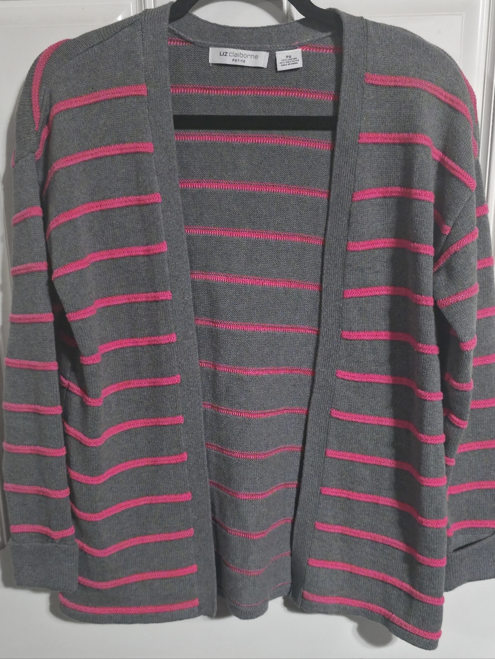 Liz Claiborne Gray Open Cardigan with Pink Stripes Size Small Petite